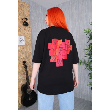 Black Printed Label Heart T-Shirt