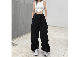 black extra baggy parachute pants